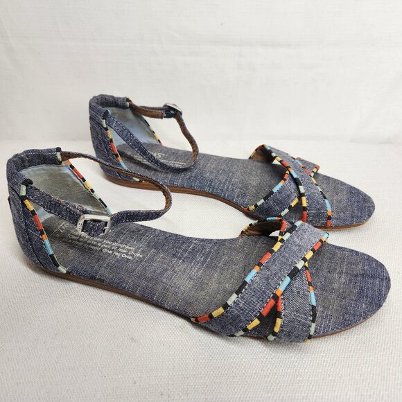 Toms Shoes - TOMS Womens 7.5 W Blue Ankle Strap Flat Sandals Chambray Buckle